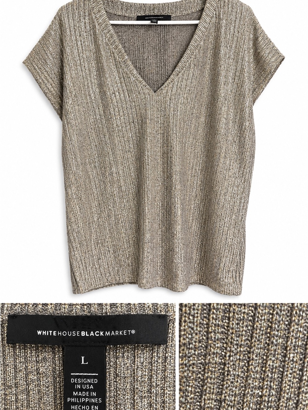 White House Black Market Metallic Ribbed V-Neck Sweater Tee - Gold Taupe